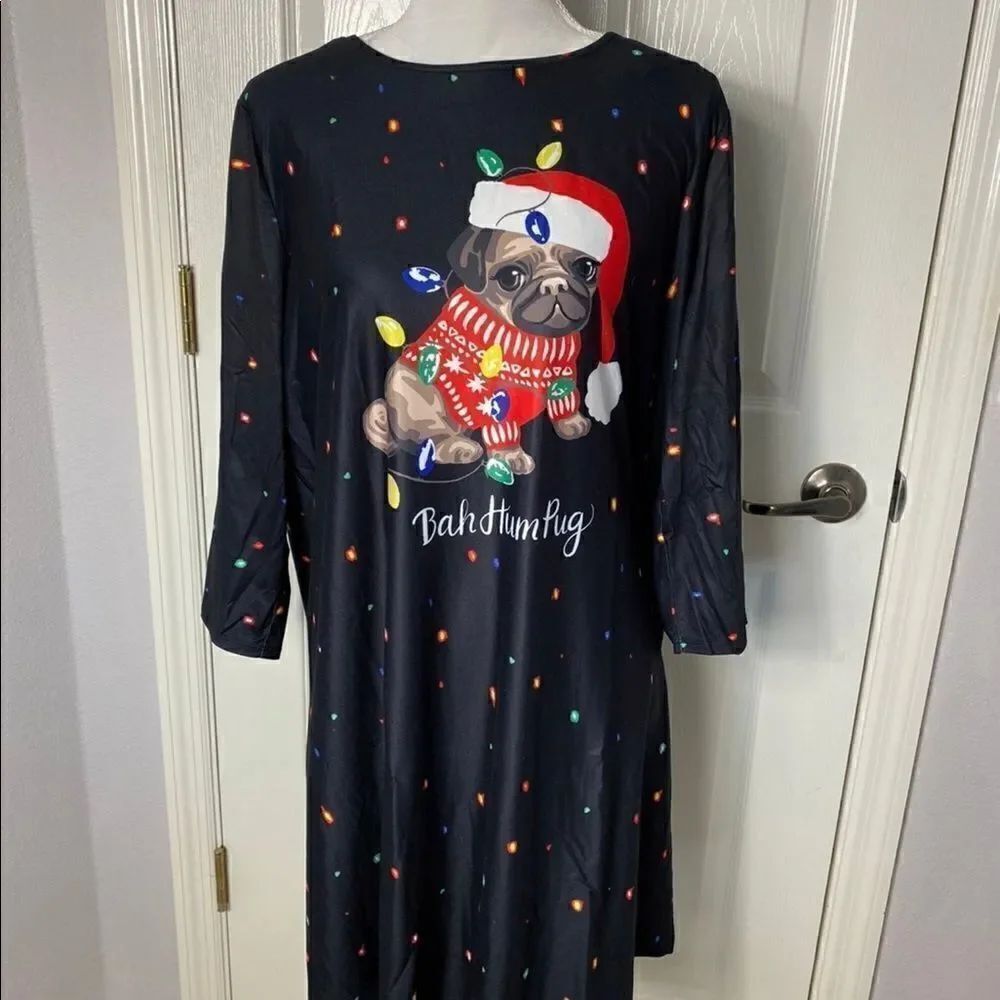 DRESS WORKS Women’s Holiday Print Swing Dress.  “Bah Hum Pug” - Picture 2 of 5